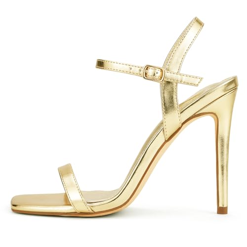 GENSHUO Women's Square Toe Strappy Stiletto Heels 4 Inch Open Toe Heel Sandals Ankle Strap Buckle Sexy High Heeled Shoes 6