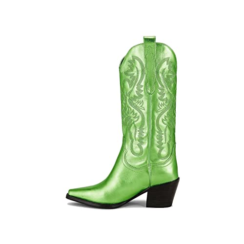 keleimusi Women's Embroidered Metallic Cowboy Boots Western Wide Calf Cowgirl Boots Pull-On Pointed Toe Mid Heel Retro Fashion Boots