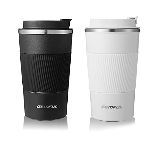 GEMFUL Travel Coffee Mug 2 Pack Insulated To Go Tumbler with Lid Portable Stainless Steel Reusable Cups Leak proof for Women Hot Cold Drinks 17oz (Black and White) 2 Pack-17oz