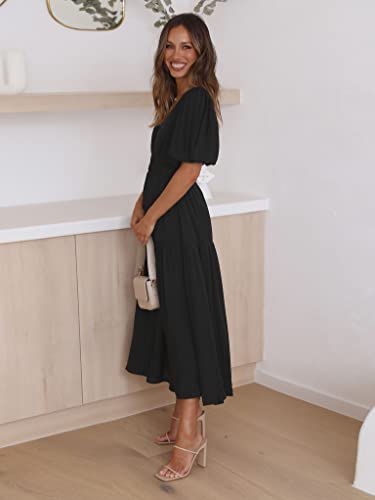 Image of Women's Summer Deep V Neck Puff Short Sleeve Tiered Maxi Dress Flowy A Line Long Dresses