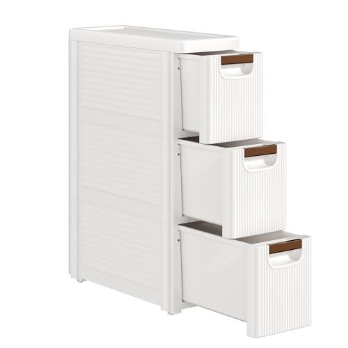 VECELO 3-Drawer Narrow Bathroom Storage Cabinet, Mobile Plastic Slim Rolling Organizer Cart with Built-in 4 Wheels for Living Room, Kitchen, Bathroom, Bedroom, Office, White(16.5