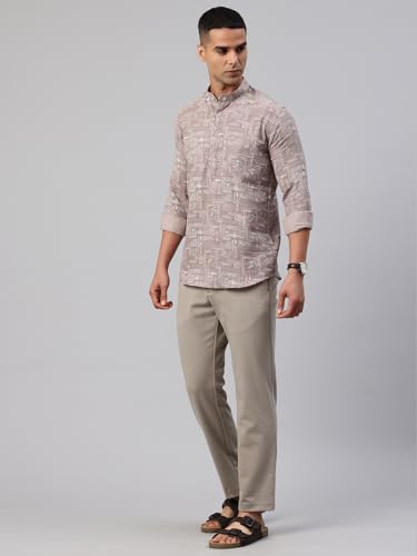 Image of Majestic Man Men's Pure Cotton Printed Mandarin Collar Regular Fit Roll-Up Sleeves Short Kurta