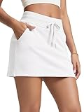 ODODOS Women's Cotton French Terry Skorts Drawstring Tie Built-in Shorts Casual Skirts with Pockets, White, Large