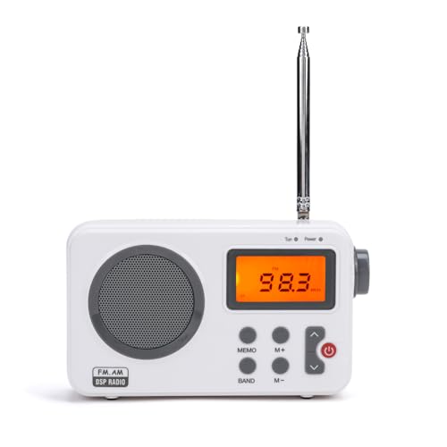 Radio NK-AB1904 FM / AM - Radio Portátil de Sobremesa, Pantalla LCD con Luz, Antena, Altavoz, 4 Pilas AA, cable DC5V, Blanca (Función Radio Despertador)