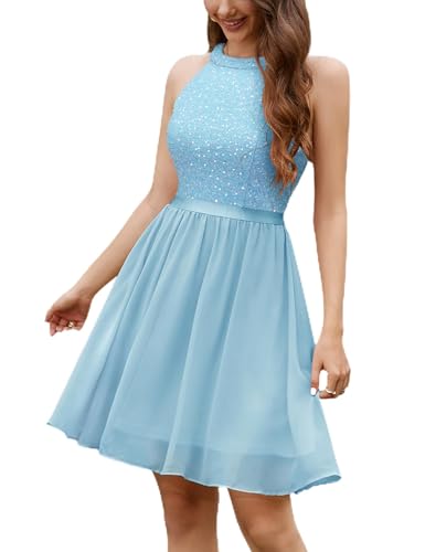 Image of Dressystar Women's Sequin Short Prom Dress Sparkly Halter Tulle Cocktail Party Homecoming Dresses