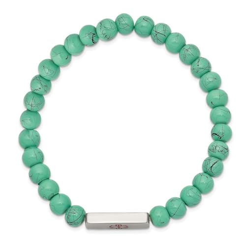 Bracelet extensible acier inoxydable perles verre turquoise émail rouge
