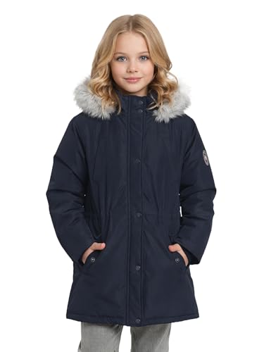 SOLOCOTE Manteau hiver pour filles imperméable veste de ski épaisse à capuche en duvet synthétique long parka pour enfants Marine 11-12 ans
