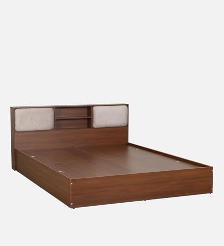 Image of Mintwud Pepperfry Yokohama Queen Size Bed in Planked Walnut Finish with Box Storage & Upholstered Headboard Storage | Stylish & Functional Wooden Bed with Ample Storage Space