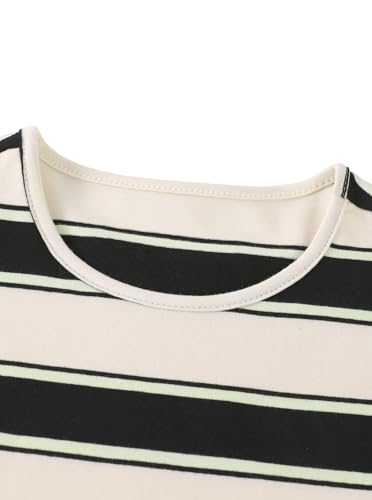 Image of Girls Striped Shirt Flutter Sleeve Top Crewneck Cute Summer T Shirts Casual Tees Black Apricot 9-10 Years