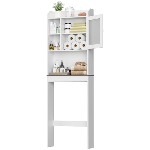 SUPER DEAL Over The Toilet Bathroom Storage Cabinet Freestanding Wooden Bathroom Organizer with Adjustable Shelves and Glass Door, White