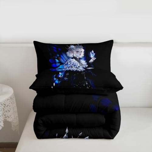 Image of Erosebridal Gothic Girls Comforter Set for Kids Boys Girls A Girl Wearing A Crown Bedding Butterfly Diamond Feather Print Duvet Set Coquette Princess Comforter Queen with 2 Pillowcases