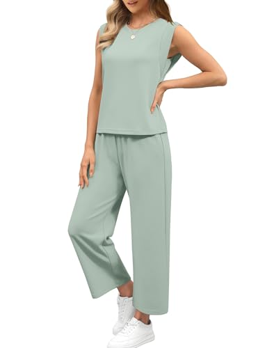 Image of SAMPEEL Two Piece Sets for Women Casual Travel Vacation Outfits Summer Wide Leg Crop Pants Lounge Sets