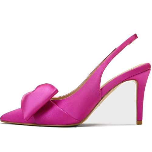 Image of Women's Slingback Heels with Bow Pointed Toe Pumps with Elasticated Strap 3.3 inch High Heels for Evening Dress Shoes