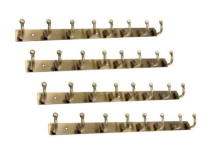 GHAR DWAR 8-Pin Stainless Steel Wall Mount Hook Strip, Antique Brass Heavy Duty Hanger for Clothes, Scarf, Keys & Robes, Rust-Proof Metal Rail Organizer for Home, Door & Kitchen (Pack of 4)