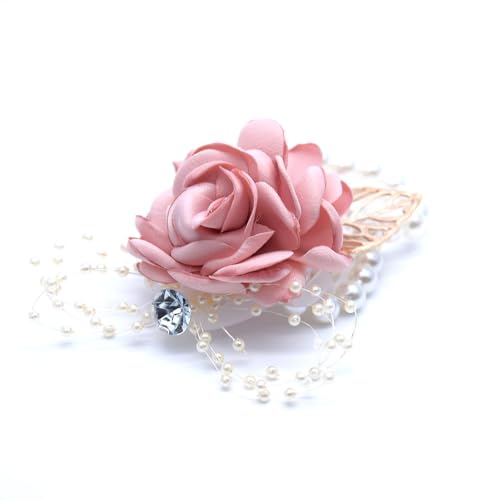 Rose Corsage Bracelet Floral Wedding Wrist Corsage with Rhinestone and Pearl Hand Flower Bracelet Silk Rose Boutonniere Set for Wedding Bridal Shower Prom Bridesmaid Sisters (Pink)