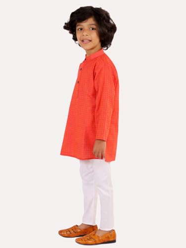 Image of superminis Baby Boys Traditional Ethnic Wear Handloom Cotton Solid Pattern Kurta With White Pyjama Set