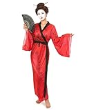 déguisement chinoise adulte 🎭🎊 Ce déguisement de geisha pour femme se compose d'un kimono et d'une ceinture. Le kimono est rouge avec un imprimé représentant des écritures asiatiques. Un biais noir vient terminer le kimono. La ceinture large est de couleur noir. Vous pourrez la nouer facilement autour de votre taille. Ce costume est idéal pour vous rendre à une soirée sur le thème de l'asie ou pour le carnaval.