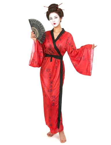 DEGUISE TOI - Déguisement geisha femme kimono - Kimono - Ceinture - Taille Unique (40) - Rouge - Déguisements adultes - 100% Polyester - A la main - Carnaval