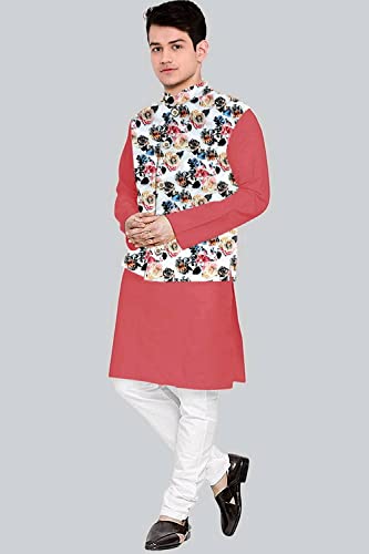 Image of Os Men's & boy kurta pyjama set with nerhu jackets (Multi printed) in cotton (baap beta|father son|)