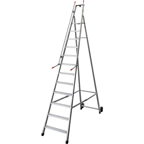 Escalera móvil para almacén y para estanterías, con 2 pasamanos y ruedas, 12 peldaños incl. plataforma.