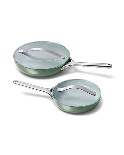 Caraway Ceramic Fry Pan Duo with Glass Lids - Non-Stick Frying Pans (10.5” & 8”) - Non Toxic, PTFE & PFOA Free - Oven Safe & Compatible with All Stovetops – Sage