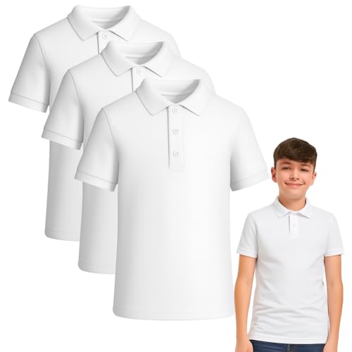 NOROZE 3 Pack 100% Cotton Polo School Shirts for Boys and Girls (Age 5-13 Years) Standard Fit Plain Kids T Shirt with Stand Up Collar Short Sleeve School Uniform & Sports Wear White
