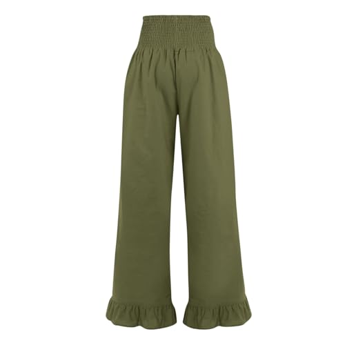 Image of Womens Linen Palazzo Pants Ruffle Hem Drawstring Boho Trousers Beach Travel Vacation Outfits