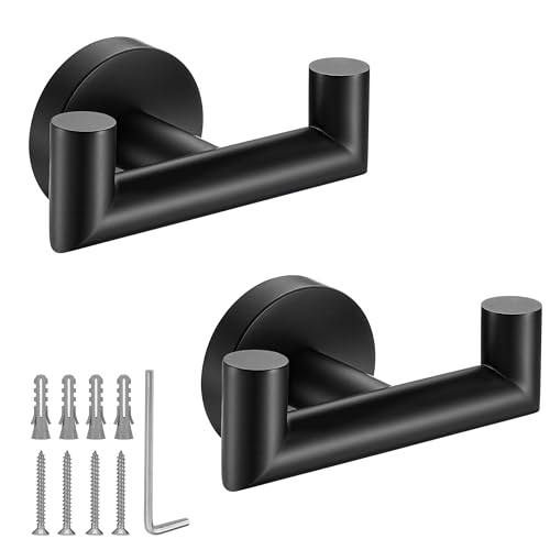 Towel Hooks for Bathrooms,Matte Black Towel Hook for Kitchen Bathroom,SUS304 Stainless Steel Coat Hook,Heavy Duty Double Towels Holder Hooks for Hanging Towels,Coats,sponges,Clothes,Wall Mount,2 Pack