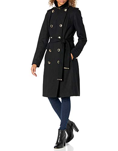 Calvin Klein Womens Double Breated Wool Coat with Belt, Black, 8