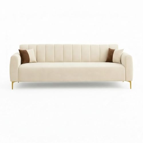 Image of Habibi Rich Velvet Suede 3 Seater Sofa Set | Spacious Soft Touch Comfort Seating | Modern Sofa for Living Room (Cream)