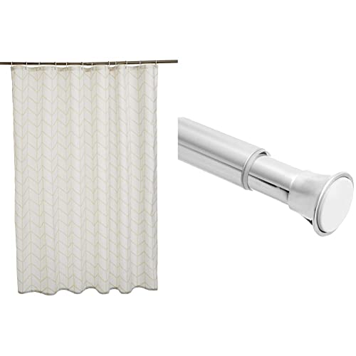Image of Bundle- AmazonBasics Shower Curtain with Hooks - 72 x 72 inches, Natural Herringbone and AmazonBasics Shower Adjustable -Length Curtain Tension Rod - 36-54 inch, Chrome