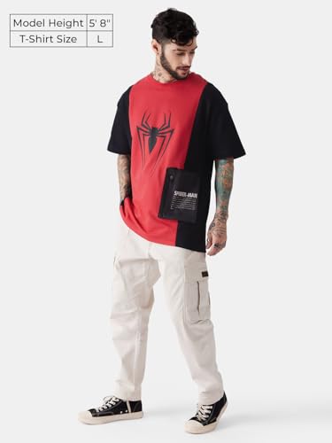 Image of The Souled Store Official Spider-Man: Web Wonder Men and Boys Oversized fit Half Sleeve Cotton Multicolored Men Oversized T-Shirts