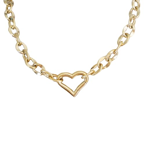 Collier chaîne grosse maille en acier doré avec fermoir coeur