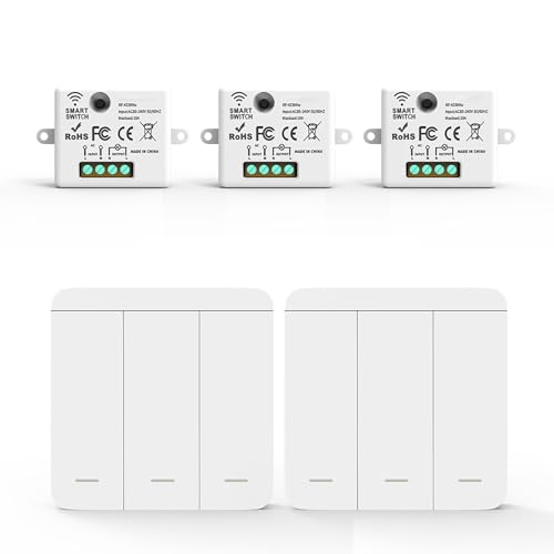 Kit Interruttore Luce Smart WiFi – Ricevitore + Interruttore Wireless, Controllo Remoto Intelligente compatibile con App Tuya e Google Home/Alexa (3 Ricevitori e 2 Interruttori (3 Tasti))