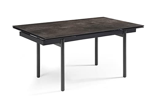 Esstisch, ausziehbar, 160/240 cm, aus spanischer Keramik, Grau antik, matt, mit 4 abgeschrägten Füßen, Metall, Schwarz – Maine 09