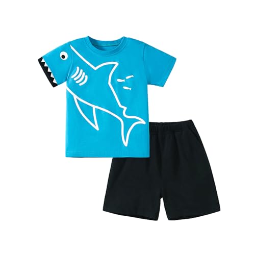 Image of HILEELANG Little Boy Summer Short Clothes Sets Outfits Easter Cotton Blue Shark Tee Shirts Pocket Adjustable Knite Shorts Playwear Sets Size 7