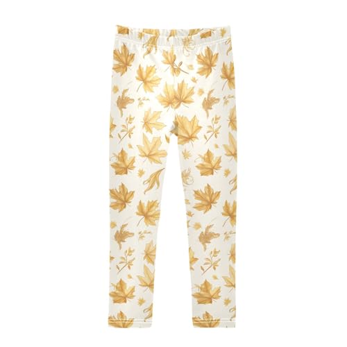 KLL Vintage Golden Glitter Maple Leaves Girls Cotton Leggings Comfortable High Waisted Pants Gym