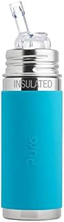 Pura Kiki 9oz/260 ml Stainless Steel Insulated Bottle w/Silicone Straw & Sleeve, 100% Plastic-Free, MadeSafe Certified, 100% Medical-Grade Silicone Straw for Kids, Toddlers, Babies & Infant – Aqua