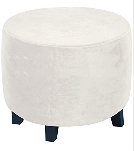 GAMUKAI Round Ottoman Slipcover – Stretchable Footstool Cover with Elastic Bottom | Plush Velvet Fabric | Fits Storage Ottomans, Poufs & Stools (Ivory, Large)