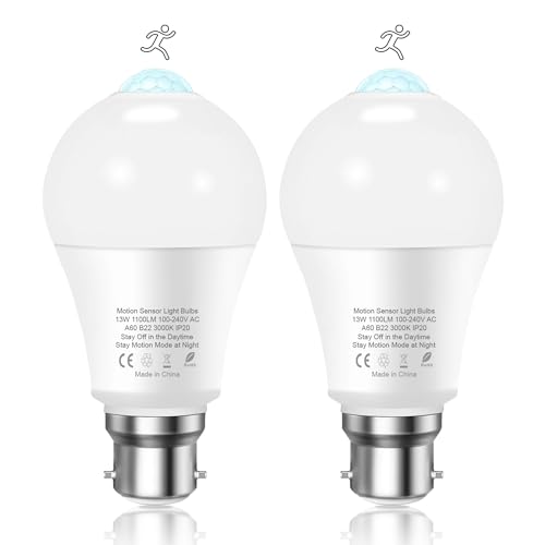 Torkase PIR Motion Sensor Light Bulb, 13W B22 Bayonet Smart Light Bulbs, 3000K Warm White Infrared Lamp, Auto On/Off Motion Sensor Lights Indoor Outdoor Bulbs for Garage, Bathroom, Hallway, 2 Pack