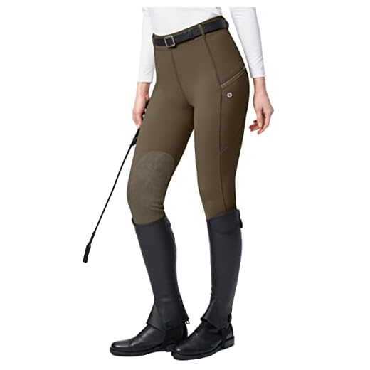 SANTINY Women's Horse Riding Pants with Zipper Pockets Knee-Patch Schooling Tights Equestrian Breeches for Women (Brown_M)