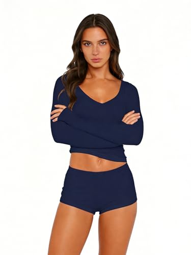 Image of Dressmine Sexy Pajamas Set for Women Spring Pj Lounge Sets 2 Piece Cute Sleepwear Long Sleeve V Neck Y2K Tops Shorts