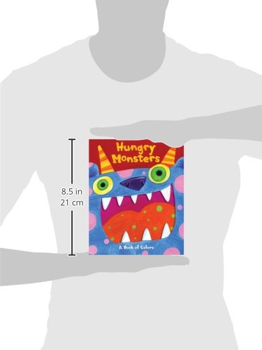 A person holding the Hungry Monsters book, with a ruler graphic indicating its dimensions are 8.5 inches (21 cm) in height.