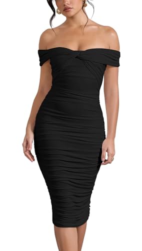 GOBLES Women's Sexy Off The Shoulder Twist Wrap Short Sleeve Ruched Bodycon Midi Party Dress