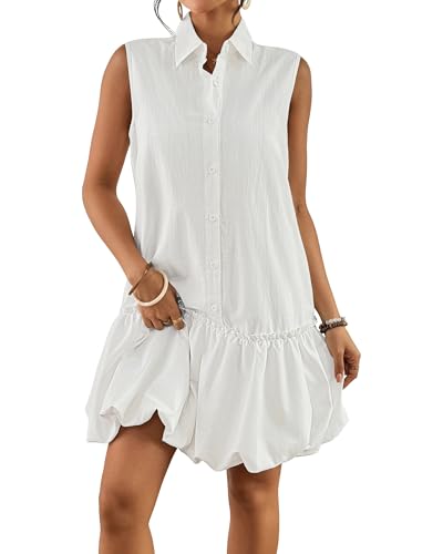Bsubseach Womens Casual Summer Dresses Sleeveless Linen Bubble Mini Short Dress Button Down Shirt Sundress with Pockets White XXL
