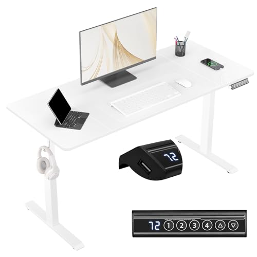 WOLTU 140x60cm Escritorio Elevable Eléctrico, Mesa Escritorio Elevable en Altura con Puertos de Carga USB, 4 Función de Memoria y Proteccion Anticolision, Blanco, TS194ws03