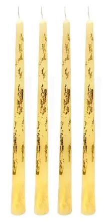 Floryn Decor Long Gold Taper Candles | Elegant Long Candles for Your Home Decor | Each Candle is 10 inches Long, Smokeless & Dripless (Pack of 4)