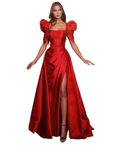 Square Mermaid Prom Dresses 2023 with Slit Long Satin Puff Sleeves A-Line Pleated Formal Evening Party Gowns with Train3