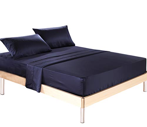 Silk Soft Satin Bed Sheet Set,Anti Slip Satin Sheet Sets,Luxury Sheets with Satin Pillow Cases,15 Inch Deep Pocket Fitted Sheet, Queen Sheet Set in Navy