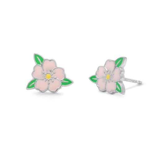 Boma Jewelry Sterling Silver Pink Hibiscus Flower Stud Earrings with Hand Painted Enamel